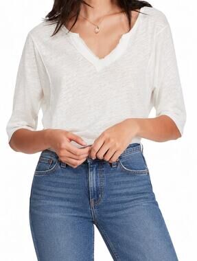 We The Free Breezy White V-Neck Slub Linen Blend Tee
